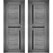 Дверное полотно АМАТИ-18 дуб шале-графит экошпон ПО-600 черное стекло